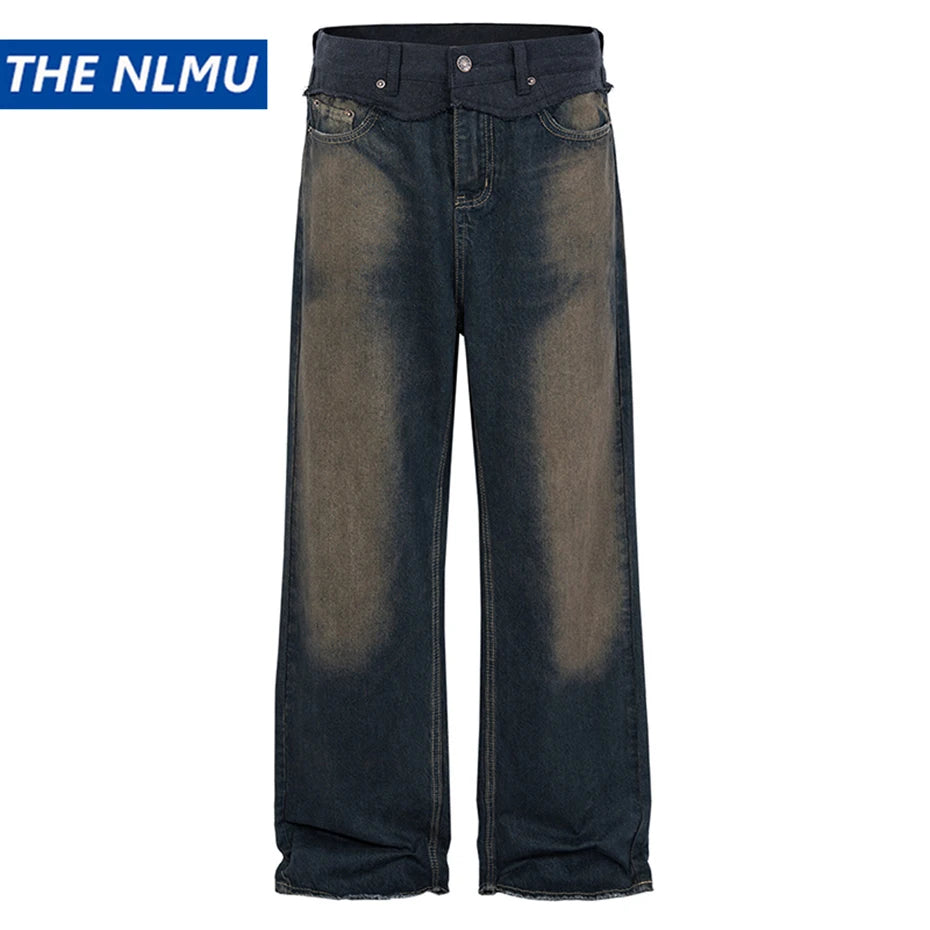 men vintage blue jeans luxury designer patchwork baggy denim pants loose straight jeans trousers vintage washed jeans