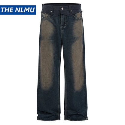 men vintage blue jeans luxury designer patchwork baggy denim pants loose straight jeans trousers vintage washed jeans