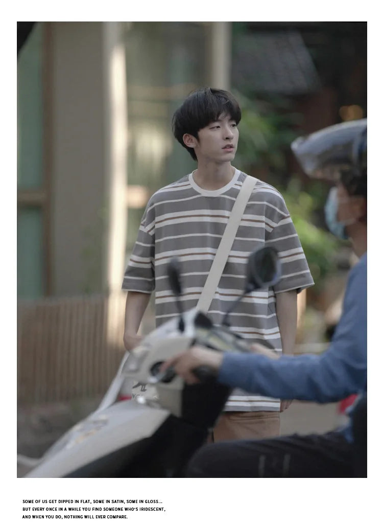 Japanese Striped Short-Sleeved Men's Summer Loose Three-Quarter Sleeve T-Shirt Trendy Casual Versatile Student Couple T-Shirt Street King Limited