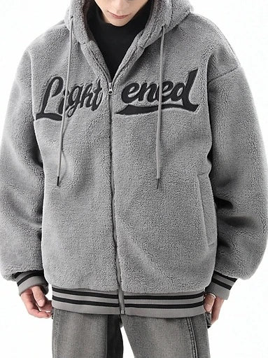men fleece jackets and coats casual letter embroidery hairy zipper hooded outerwear warm streetwear parkas loose bomber jacket unique default style 3464
