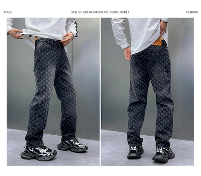 Men Wide Leg Denim Pants High Street American Retro Jacquard Loose Straight Jeans Y2K Fashion Streetwear Baggy Trousers Street King Limited