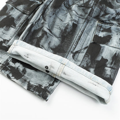 vintage dirty tie dye baggy jeans men multi pocket loose white straight jeans trousers luxury designer oversized denim pant unique jeans style 1935