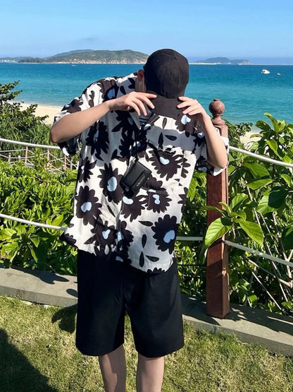 Summer 24SS Vintage Retro Black Flower Direct Print High-Street Casual Beach Style Quality Cold Short Sleeve Shirt Street King Limited