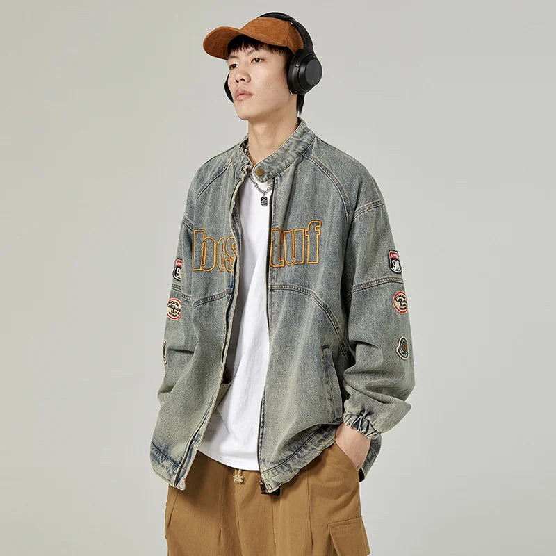 high street vintage washed denim jacket men american style embroidery label stand collar ruffian handsome motorcycle jeans coats stacked flare jeans