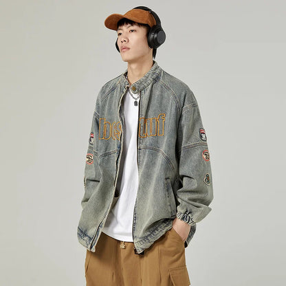 high street vintage washed denim jacket men american style embroidery label stand collar ruffian handsome motorcycle jeans coats stacked flare jeans