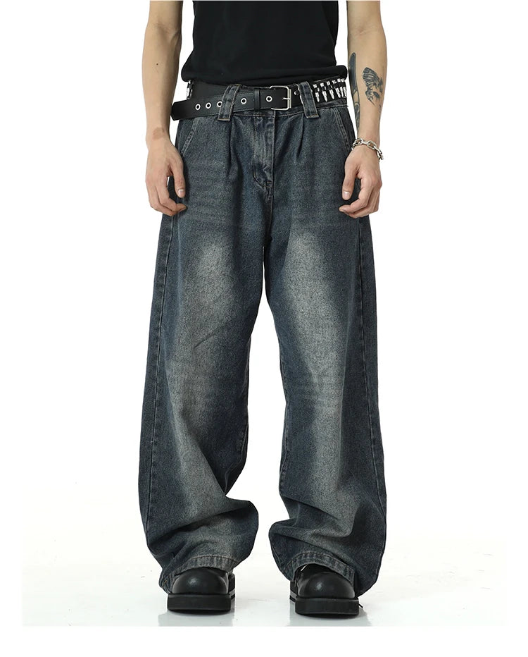 mens high street loose denim jeans unisex casual straight zipper jeans hip hop streetwear casual wide legs joggers baggy jeans unique joggers style 5083