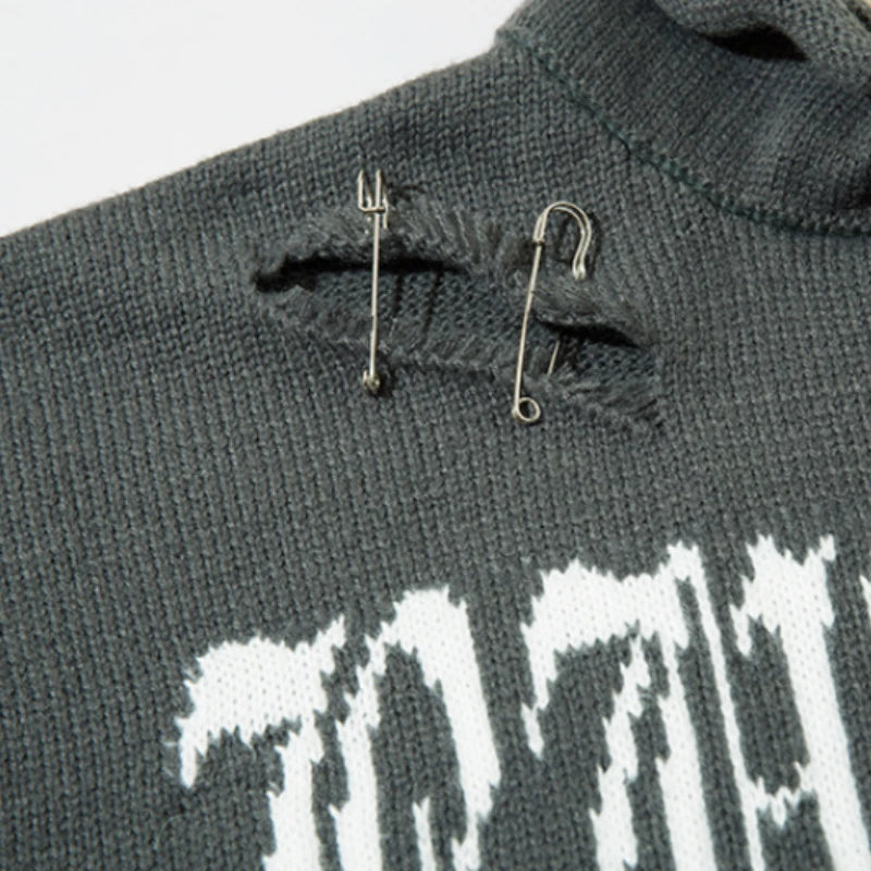 Men Knitted Sweater Harajuku Fake Two Pieces Loose Sweater Casual Ripped Holes Shoulder Long Sleeve Pullover Streetwear Sweaters Street King Limited