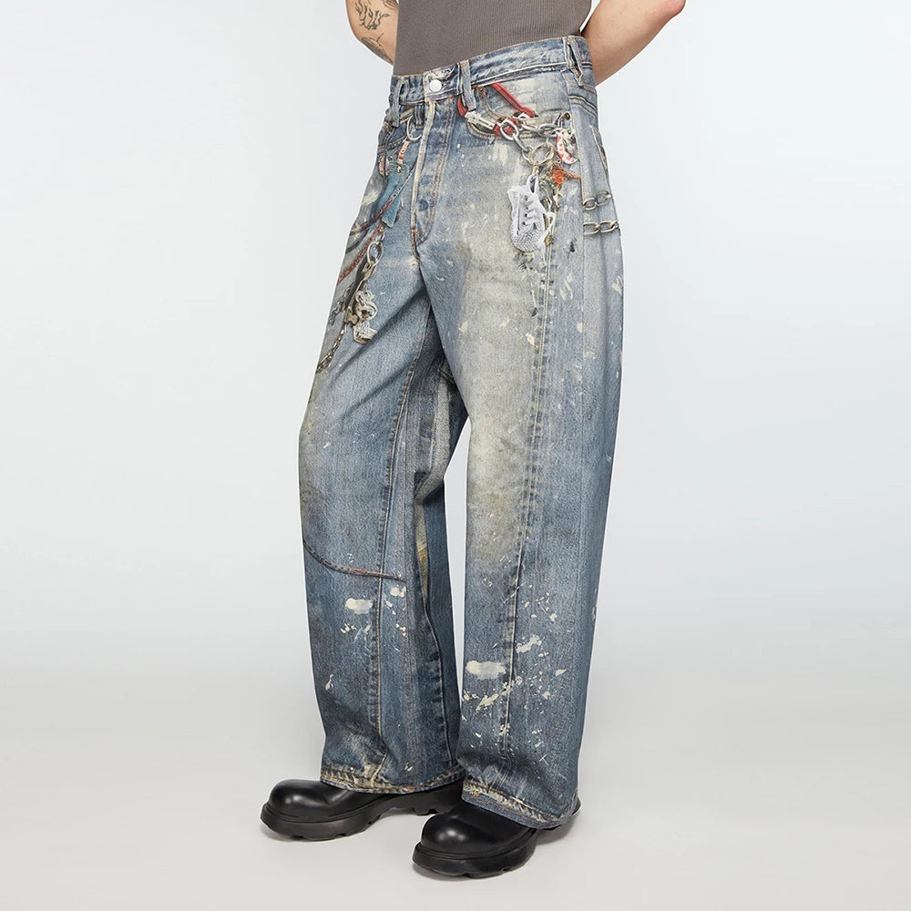 high street chain print frayed washed baggy jeans for men and women y2k casual loose denim trousers ropa hombre casual pants stacked flare jeans