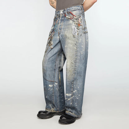 high street chain print frayed washed baggy jeans for men and women y2k casual loose denim trousers ropa hombre casual pants stacked flare jeans