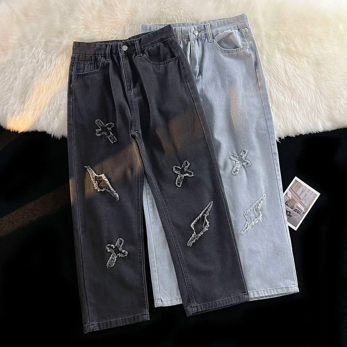 Korean Street Style Retro Pants Raw Edge Cross Jeans Design Y2K Personality Men and Women Niche Hip-hop Loose Sports Jeans Street King Limited