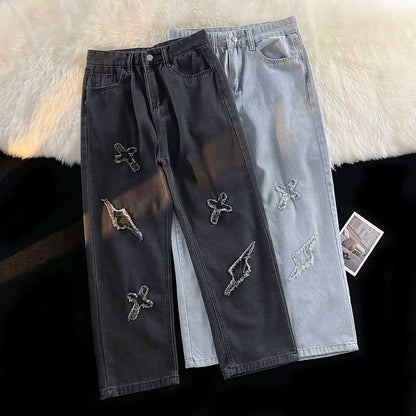 Korean Street Style Retro Pants Raw Edge Cross Jeans Design Y2K Personality Men and Women Niche Hip-hop Loose Sports Jeans Street King Limited