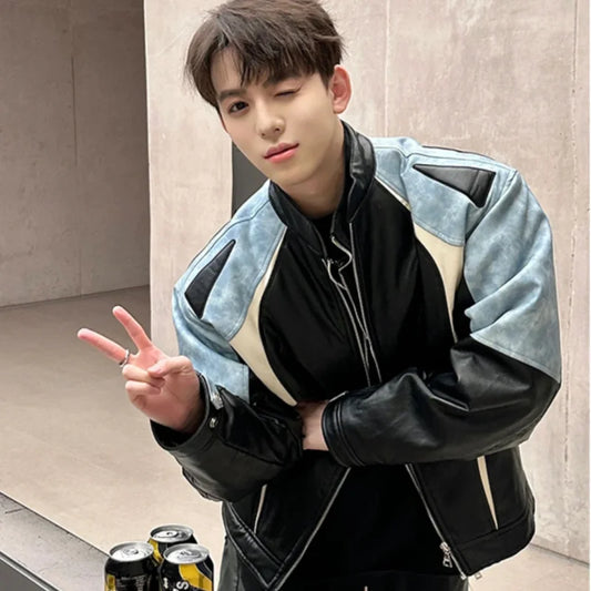 Trendy Motorcycle PU Leather Jacket Mens Vintage American Color Blocked Stand Collar Racing Suit Zipper Punk Baseball Coats Street King Limited