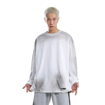 Men's Streetwear Hole Washed Cotton Long Sleeve Loose Casual T Shirt Tiki Y2k Clothes Oversized T-shirt for Men Tops Tshirt Street King Limited