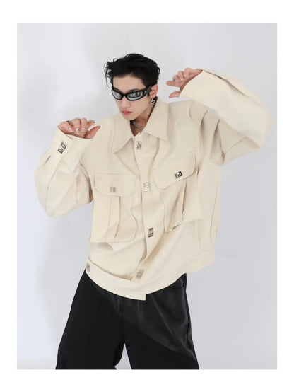 trendy high street jacket mens unisex metal button shoulder pad short coats multi pocket punk hip hop loose outwear oversized unique shorts style 3533