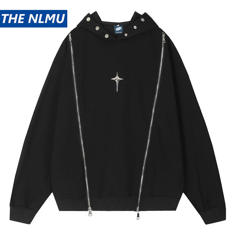 Hip Hop Punk Hoodie Sweatshirt 2023 Autumn Zipper Design Solid Color Hoodies Pullover Harajuku Cotton Sweat Shirt Street King Limited