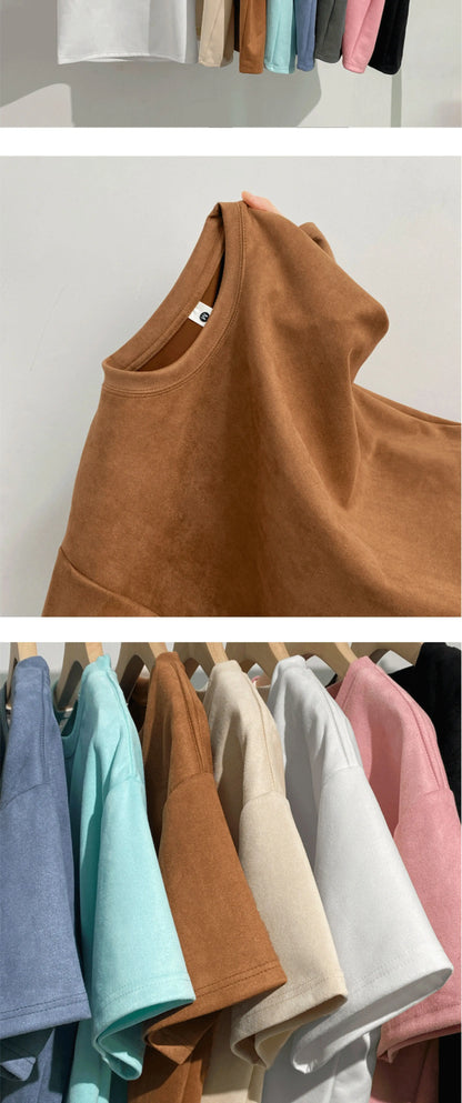 Summer Short Sleeve T-shirt Men Fashion Retro Suede T Shirt Men Streetwear Hip Hop Loose Round Neck Solid Color Tshirt Mens Top Street King Limited