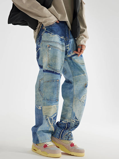 fashion fake patchwork printed denim jeans mens new casual zipper straight loose jeans streetwear hip hop baggy pants joggers casual joggers
