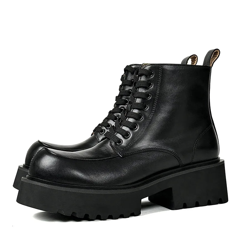 Men's Genuine Leather High Sole Platform Streetwear Fashion Casual Increase Boots Male Punk Gothic Rock Motorcycle Boots Shoes Street King Limited