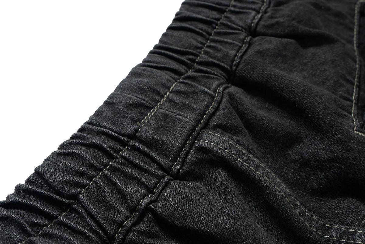 ro style ribbons streetwear multi pockets cargo short for men elastic waist wide leg baggy jeans knee length pants loose overall unique cargo style 4357
