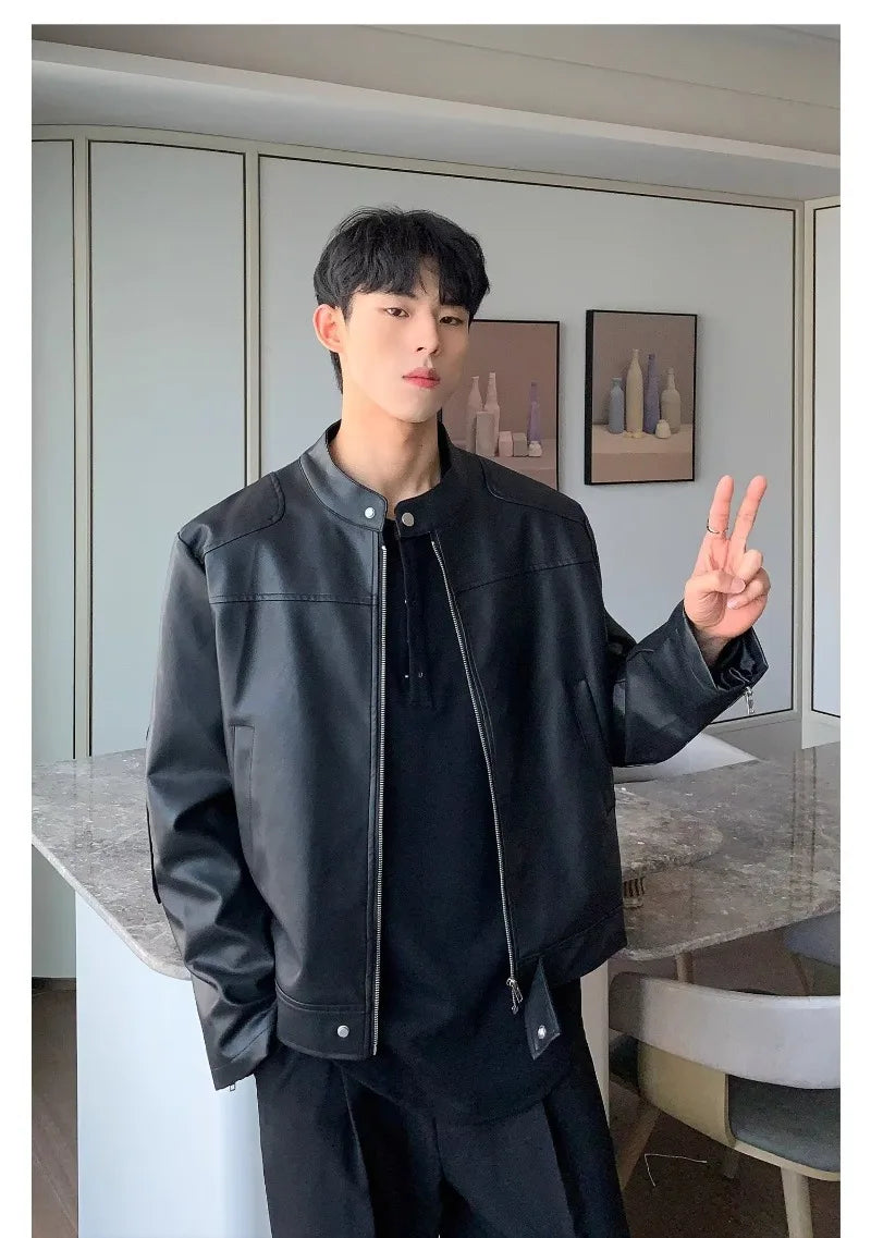 retro american street leather jacket mens autumn 2024 motorcycle standing collar trendy short coat zipper loose bomber outwear unique shorts style 2661