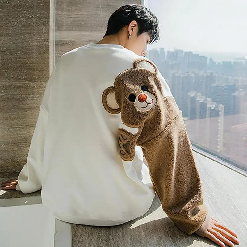 Long-sleeved Round Neck Sweater Lamb Hair Embroidery Flocking Sweater Loose Warm Winter Men's Bear Street King Limited
