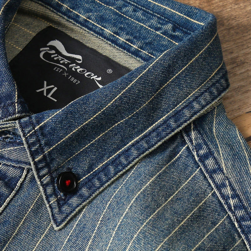 Amekaji VIntage Denim Shirt Men Spring Autumn New Lapel Multi-pocket Blue Striped Long Sleeve Cargo Shirt  Casual Cardigan Tops Street King Limited