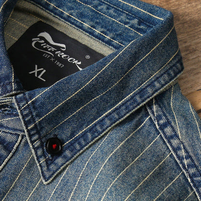Amekaji VIntage Denim Shirt Men Spring Autumn New Lapel Multi-pocket Blue Striped Long Sleeve Cargo Shirt  Casual Cardigan Tops Street King Limited