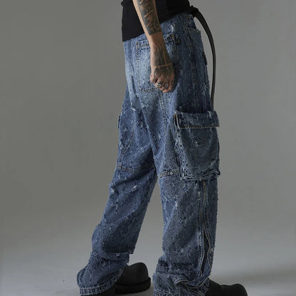 distressed ripped vintage blue baggy jeans men multi pocket cargo jeans casual loose denim pants streetwear harajuku jeans combat utility trousers
