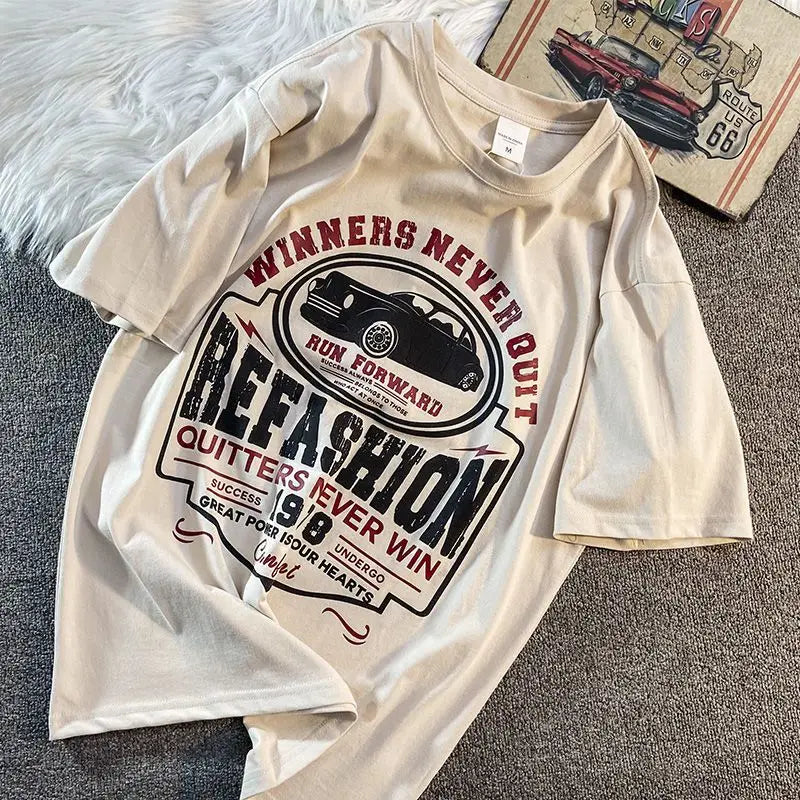 American ins motorcycle print casual short-sleeved T-shirts for men and women summer loose chic Hong Kong style y2k top t shirt Street King Limited