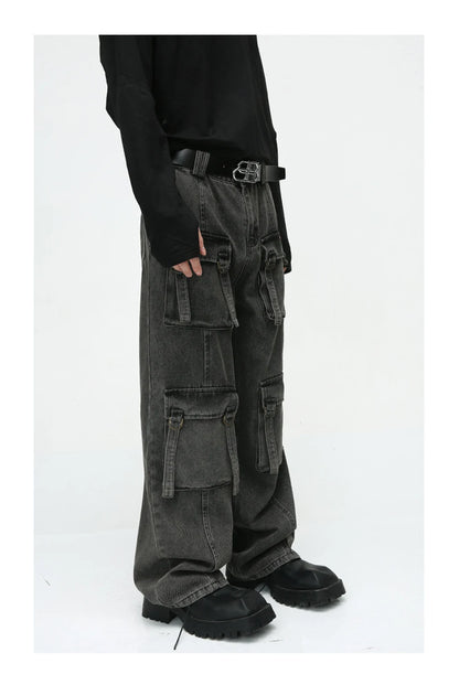 multi pocket cargo jeans men korean fashion loose straight denim pants unique cargo style 511