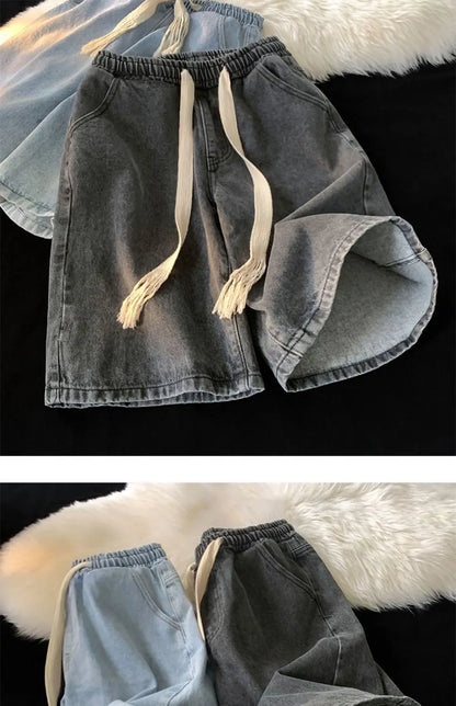 American denim shorts men's summer thin denim shorts elastic waist loose American retro high street pants men clothing y2k tops Street King Limited