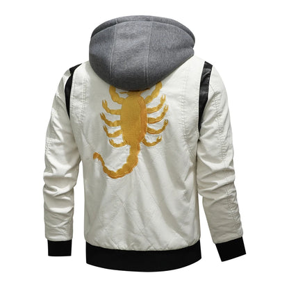 Autumn Winter Bomber Leather Jacket Men Scorpion Embroidery Hooded Jacket PU Leather Motorcycle Mens Ryan Gosling Drive Jacket Street King Limited