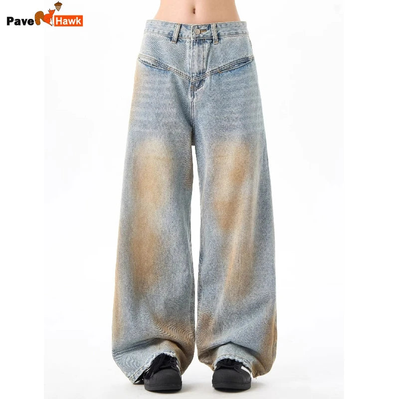 2024 High Street Washed Mens Jeans Gradient Color Blocking Hip Hop Blue Cowboy Pants Loose Straight Leg Denim Trousers Trend Street King Limited