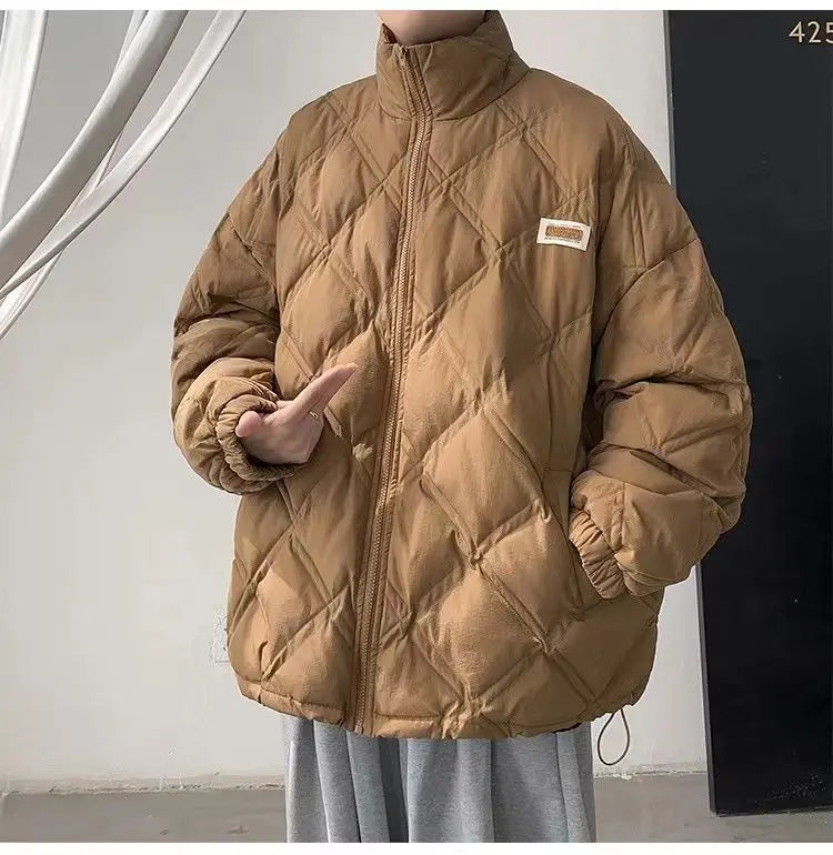 Winter personalized diamond grid cotton coat for men loose stand up collar trend for couples American loose retro casual top y2k Street King Limited