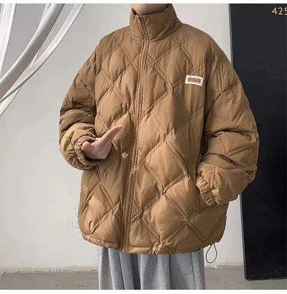 Winter personalized diamond grid cotton coat for men loose stand up collar trend for couples American loose retro casual top y2k Street King Limited