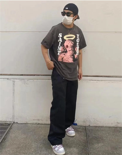 Summer New Vintage Pink Lamb Printing Distressed Retro High-Street Tops T-Shirt Street King Limited
