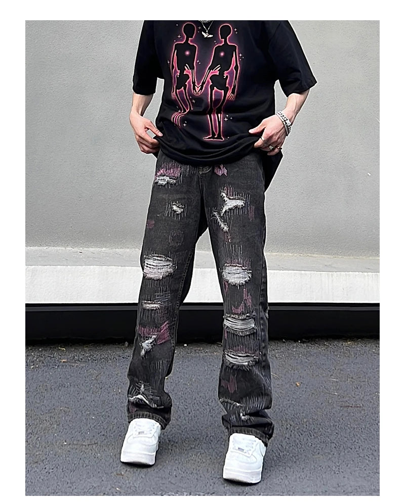 harajuku irregular scratched ripped holes denim jeans men zipper jeans hip hop streetwear new casual straight joggers jean pants unique joggers style 2942
