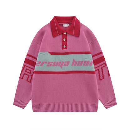 Men Knitted Sweater Jumper Casual Polo Neck Letter Casual Long Sleeve Streetwear Hip Hop Autumn Winter Pullover Knitwear Sweater Street King Limited