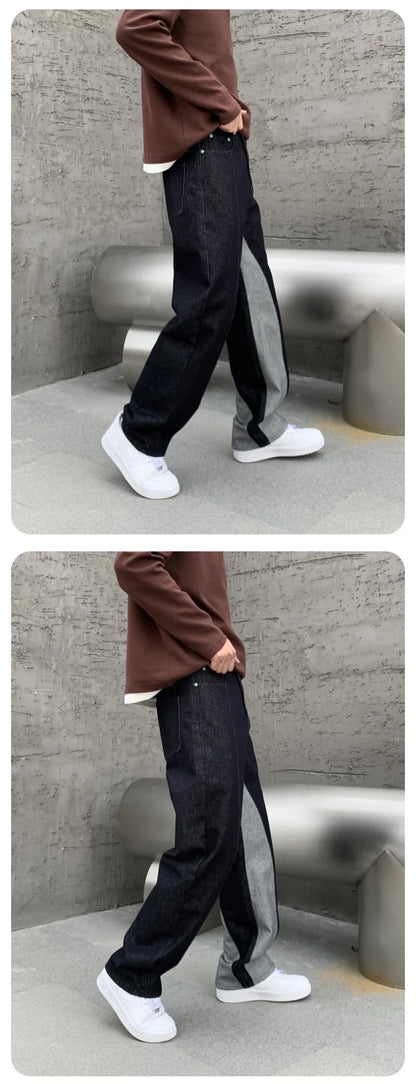 men streetwear splice denim fashion brand hip hop loose casual straight jeans pant cityboy deep blue y2k jeans trousers for men unique jeans style 1772