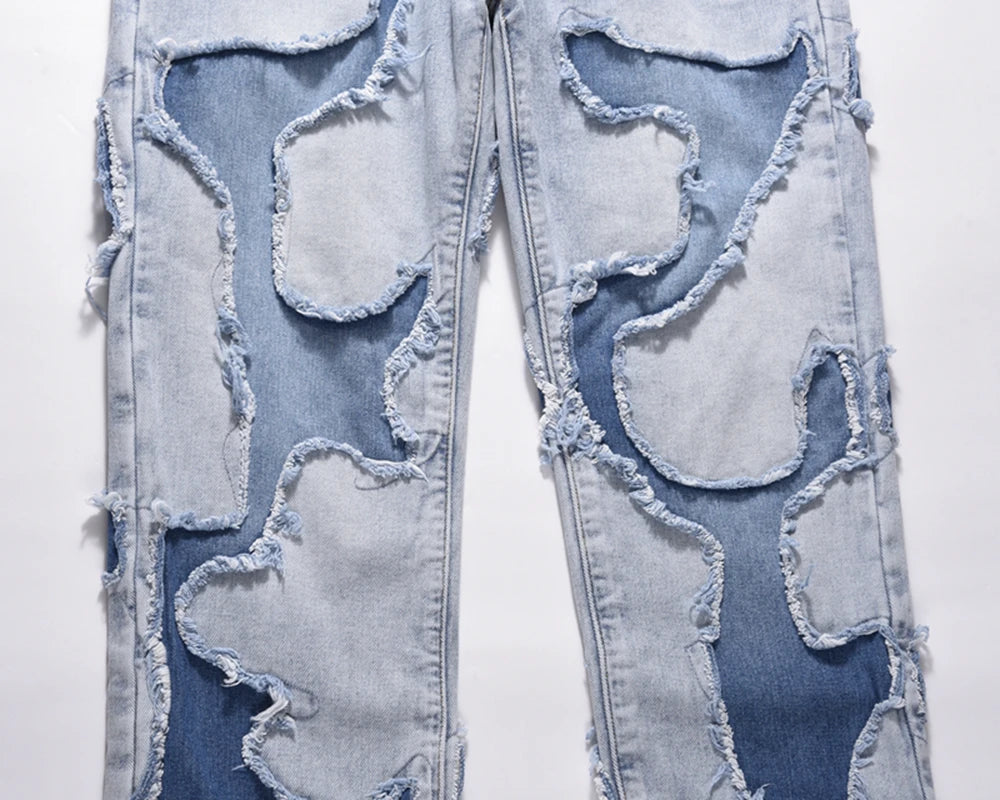 high street vibe style patchwork frayed jeans pants for men retro washed hole ripped casual loose denim trousers oversized unique jeans style 2375