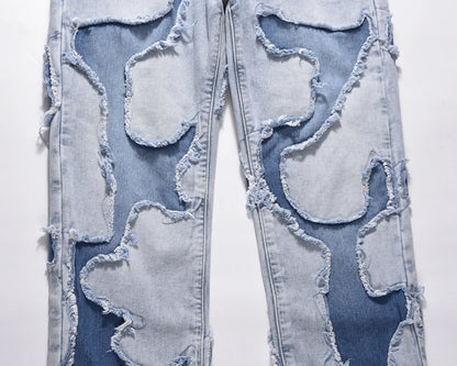 high street vibe style patchwork frayed jeans pants for men retro washed hole ripped casual loose denim trousers oversized unique jeans style 2375