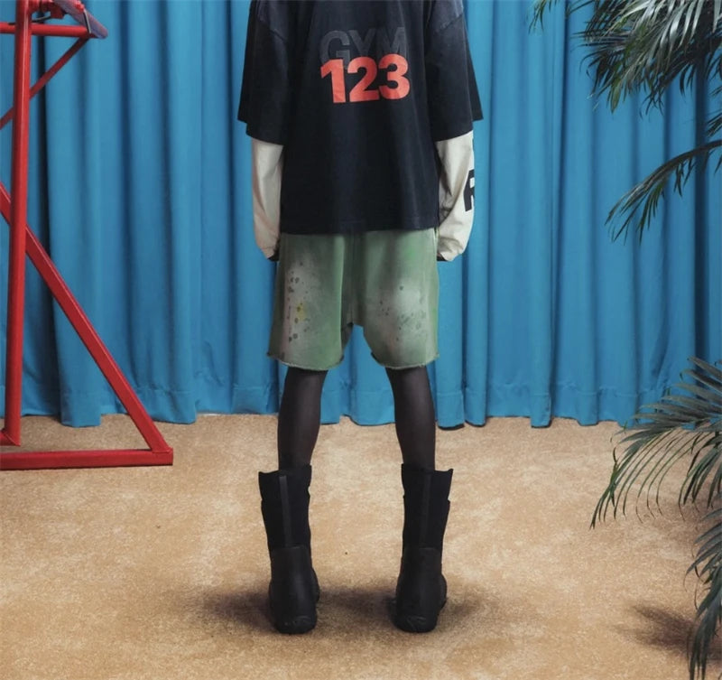RRR123 2024 New Sports Shorts Heavyweight Washed Graffiti Print Vintage Drawstring Capris Casual High Street Loose Curled Y2K Street King Limited