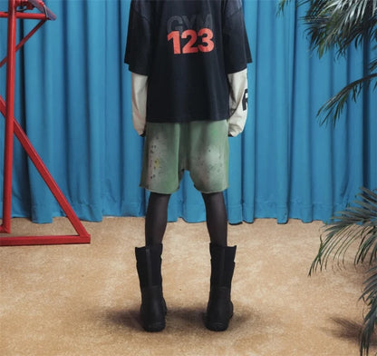 RRR123 2024 New Sports Shorts Heavyweight Washed Graffiti Print Vintage Drawstring Capris Casual High Street Loose Curled Y2K Street King Limited