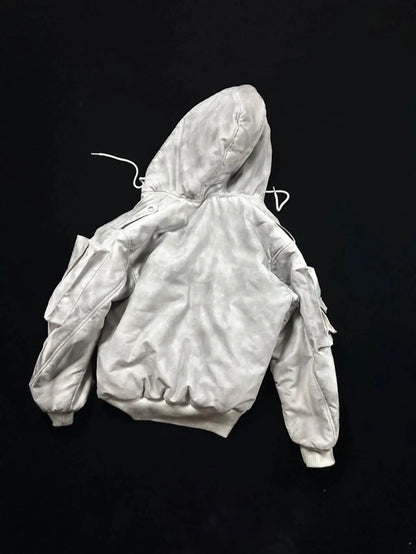 new arrival vintage heavyweight dirty grey double layer hooded leather jacket with multiple pockets zipper design cotton jacket unique default style 125