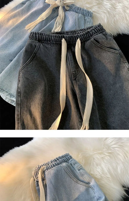 American denim shorts men's summer thin denim shorts elastic waist loose American retro high street pants men clothing y2k tops Street King Limited