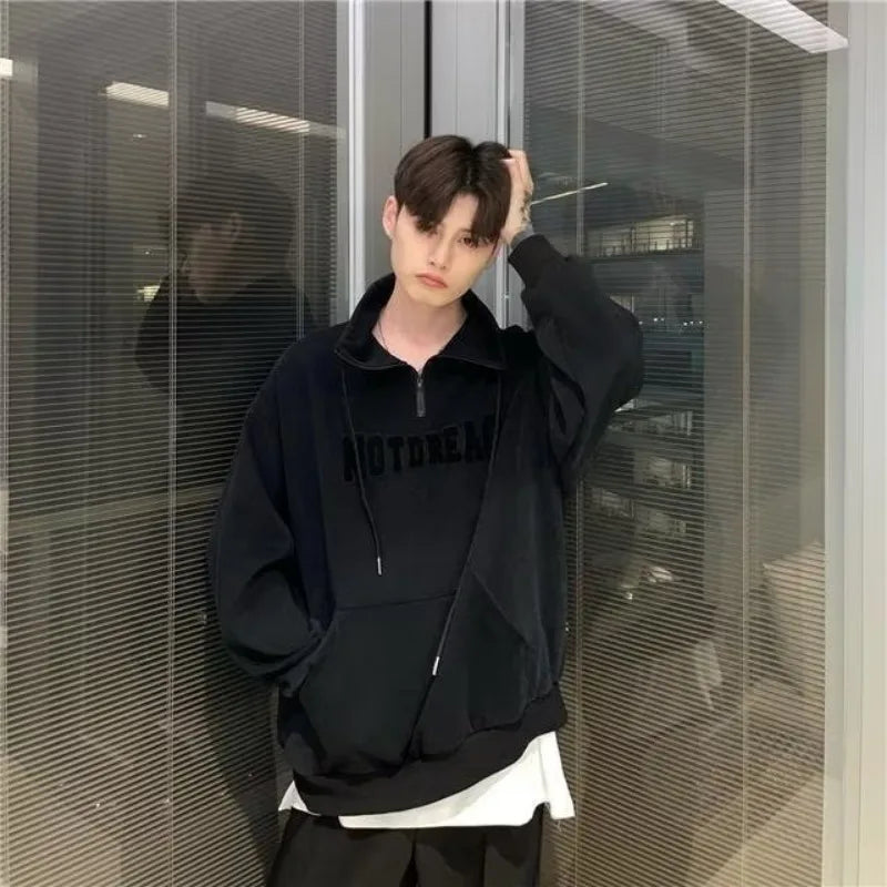 Street Half Zip Hoodie Mens Spring New Vintage Letter Embroidery Loose Sweatshirt Drawstring High Collar Big Pocket Pullover Top Street King Limited
