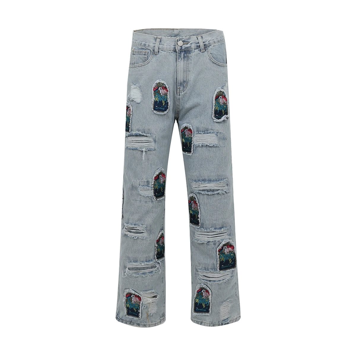 retro patch embroidered pleated jean for men street wear washed destroyed straight patchwork ripped jeans pants baggy hip hop ripped baggy denim