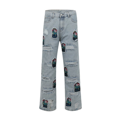 retro patch embroidered pleated jean for men street wear washed destroyed straight patchwork ripped jeans pants baggy hip hop ripped baggy denim