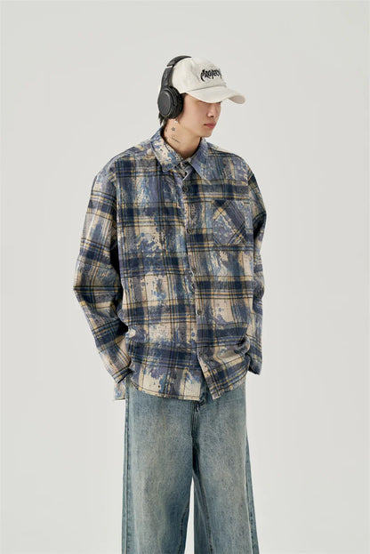 Streetwear Autumn Mens Ink Tie Dye Plaid Long Sleeve Shirt Korean Fashion Vintage Autumn Mens Ink Tie Dye Plaid Long Sleeve Shirt Korean Fashion Vintage Button T Shirts Y2K Streetwear Social Shirt Jackets Fashion Sweater Jacket With Graphic Design For Men