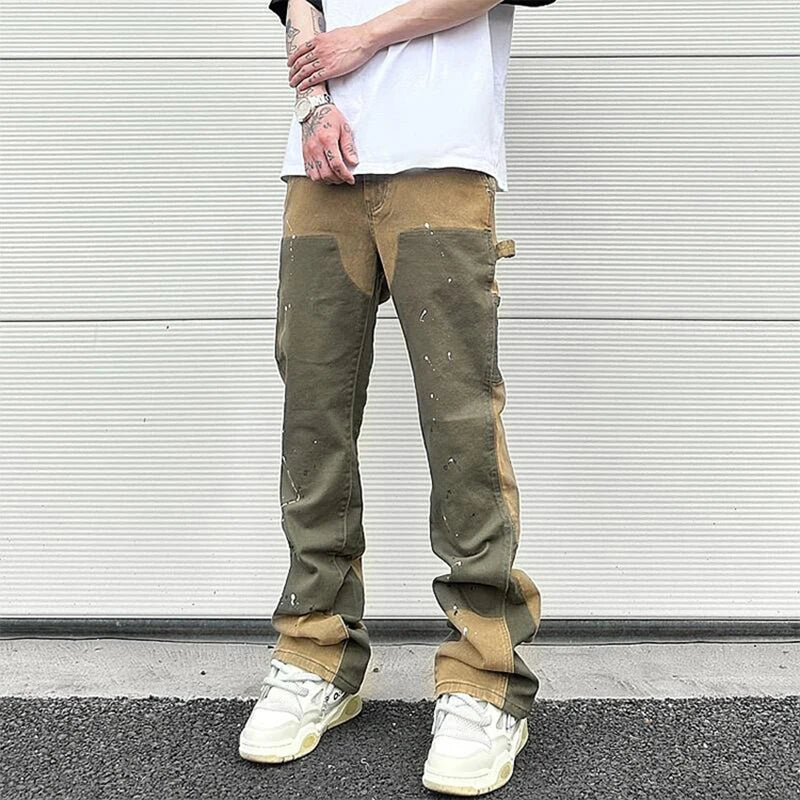 y2k spliced speckled ink patchwork baggy micro flare jeans pants for men streetwear pantalones hombre casual oversized cargos unique cargo style 3462